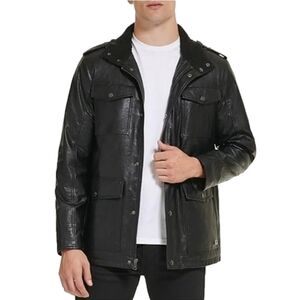 Kenneth Cole New York Men's Black Faux Leather Jacket Faux Sherpa Trim Sz Large
